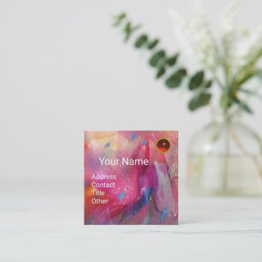 赤ブルーピンク抽象芸術水彩ルビージェムストーン スクエア名刺 (スタンド正面)