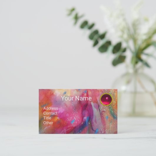 赤ブルーピンク抽象芸術水彩ルビージェムストーン 名刺 (スタンド正面)