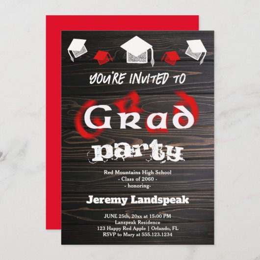 赤ブレ文字卒業ハウスパーティー 招待状 (正面/裏面)