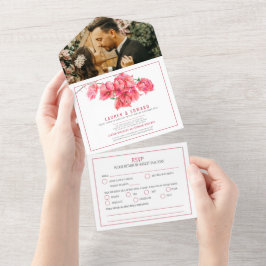 赤ブーゲンビリア水彩結婚式RSVPオプション オールインワン招待状