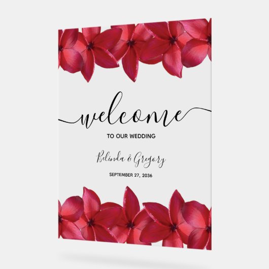 赤プルメリアフランジパニ結婚のウェルカムサイン アクリルサイン (傾斜)