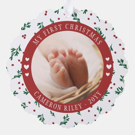 赤ベリかわいらしーパターンベビー初めてのクリスマス オーナメントカード (裏面)