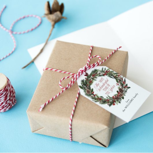 赤ベリエレガントーウォーターカラーリースクリスマス ギフトタグ