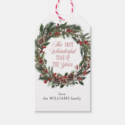 赤ベリエレガントーウォーターカラーリースクリスマス ギフトタグ (正面)