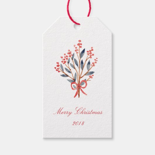 赤ベリーの葉のクリスマス ギフトタグ (正面)