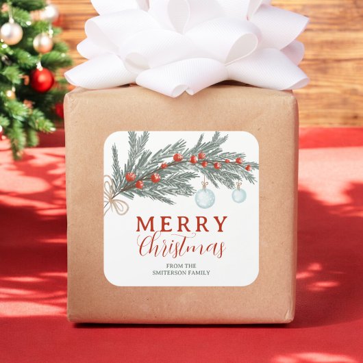 赤ベリ素朴ーエバーグリーンブランチメリークリスマス スクエアシール