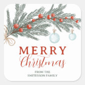 赤ベリ素朴ーエバーグリーンブランチメリークリスマス スクエアシール (正面)