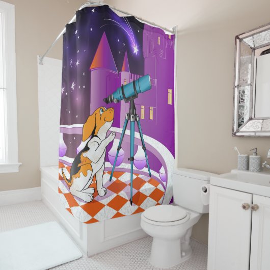 赤ベージュの子犬と望遠鏡 シャワーカーテン (インサイチュ)