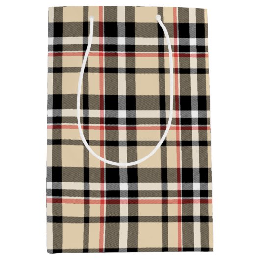 赤ベージュ白黒正方形タータンチェック格子模様 ミディアムペーパーバッグ (正面)