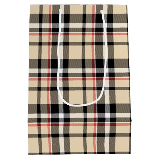 赤ベージュ白黒正方形タータンチェック格子模様 ミディアムペーパーバッグ (裏面)