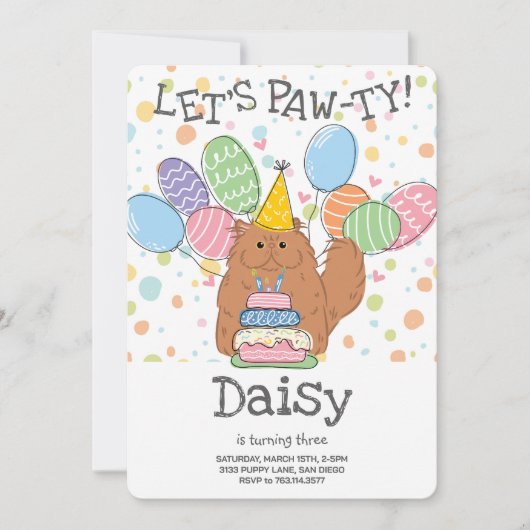 赤ペルシャ猫ロングヘア誕生日パーティー 招待状 (正面)