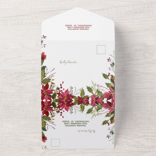 赤ポイエレガントンセチアのクリスマスのレヒーサルディナー オールインワン招待状 (外側)