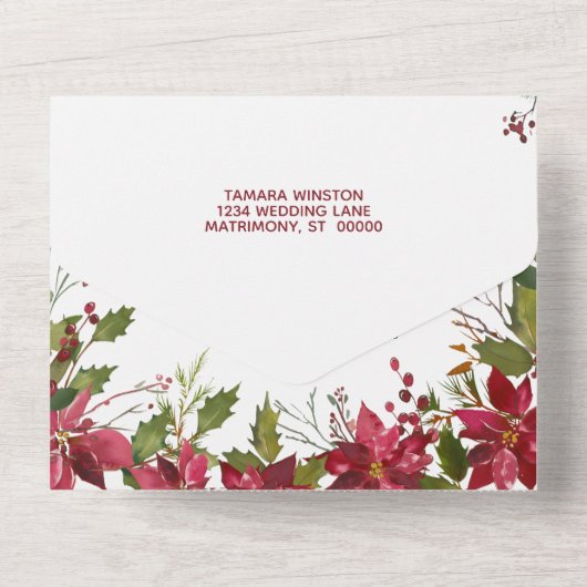 赤ポイエレガントンセチアのクリスマスのレヒーサルディナー オールインワン招待状 (裏面)