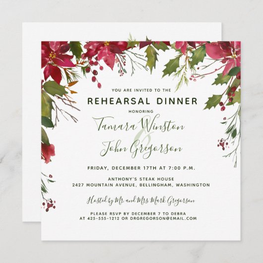 赤ポイエレガントンセチアのクリスマスのレヒーサルディナー 招待状 (正面/裏面)
