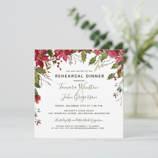赤ポイエレガントンセチアのクリスマスのレヒーサルディナー 招待状 (スタンド正面)