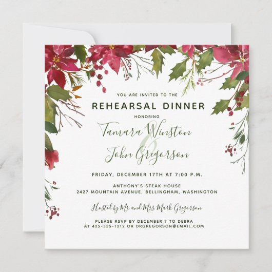 赤ポイエレガントンセチアのクリスマスのレヒーサルディナー 招待状 (正面)