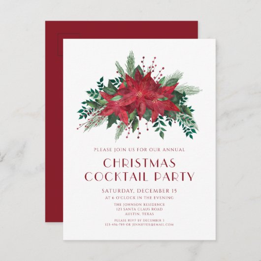赤ポイエレガントンセチアのクリスマスカクテルパーティー ポストカード (正面/裏面)