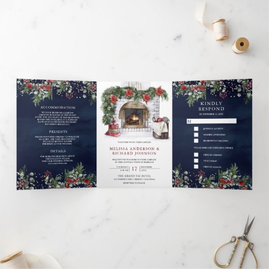 赤ポインセチア暖炉クリスマス結婚海軍 三つ折り招待状 (内部)