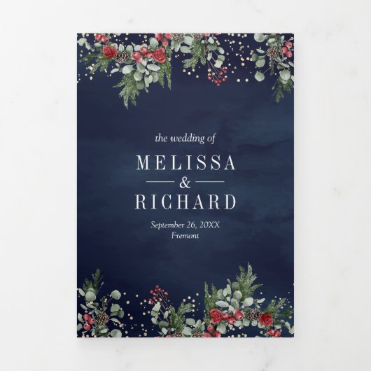 赤ポインセチア暖炉クリスマス結婚海軍 三つ折り招待状 (カバー)