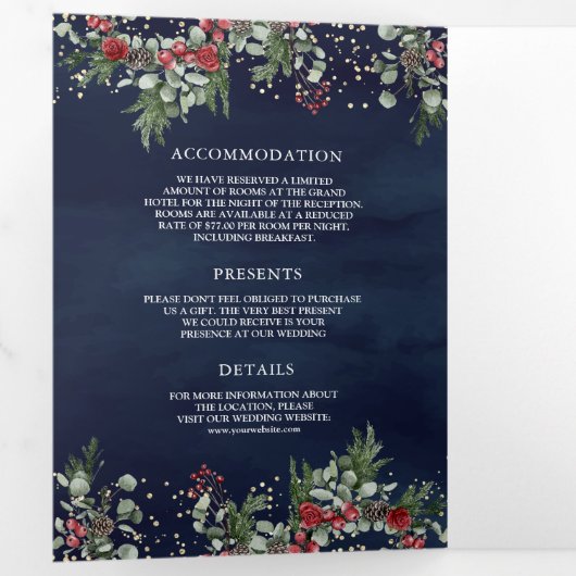 赤ポインセチア暖炉クリスマス結婚海軍 三つ折り招待状 (内部最初)