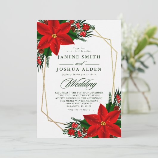 赤ポインセチア松の緑の結婚クリスマス 招待状 (スタンド正面)
