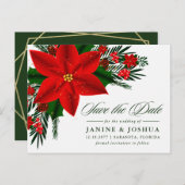 赤ポインセチア松の緑の結婚式の日付を保存 ポストカード (正面/裏面)