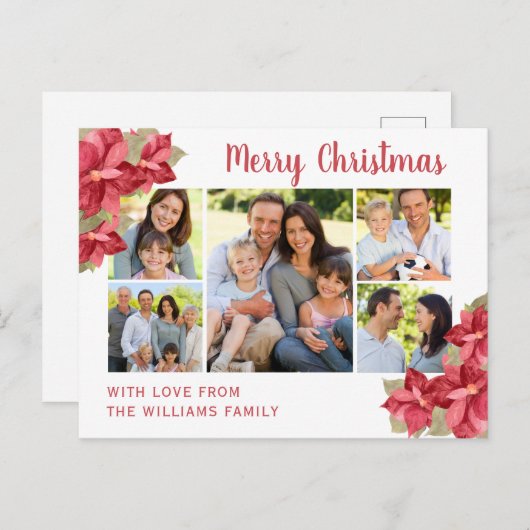 赤ポインセチア水彩メリークリスマス ポストカード (正面/裏面)