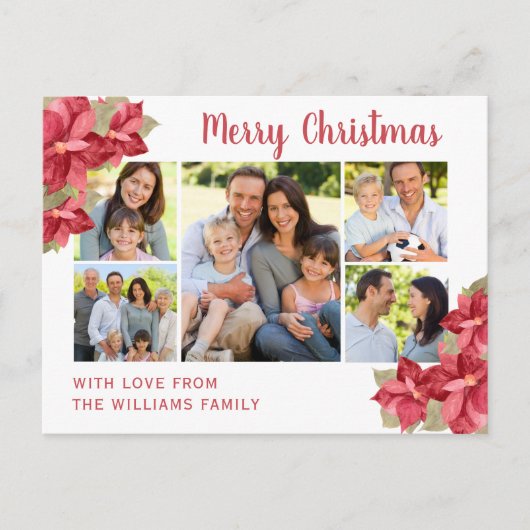 赤ポインセチア水彩メリークリスマス ポストカード (正面)