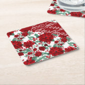 赤ポインセチア葉花ツタ水色名 ペーパーコースター (アングル)