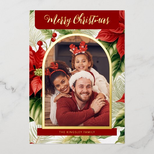 赤ポインセティアス・プレイド・クリスマスフォト 箔シーズンカード (正面)