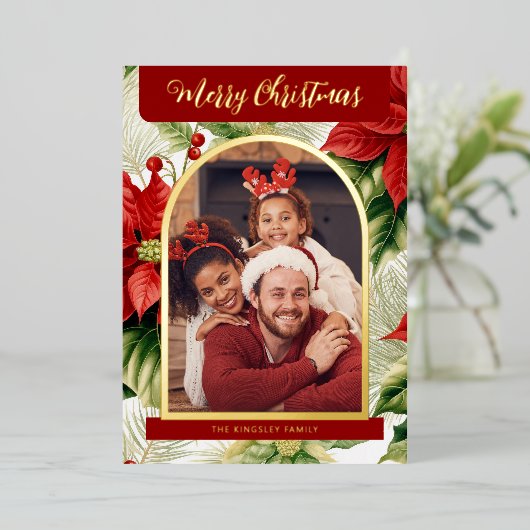 赤ポインセティアス・プレイド・クリスマスフォト 箔シーズンカード (立ち正面)
