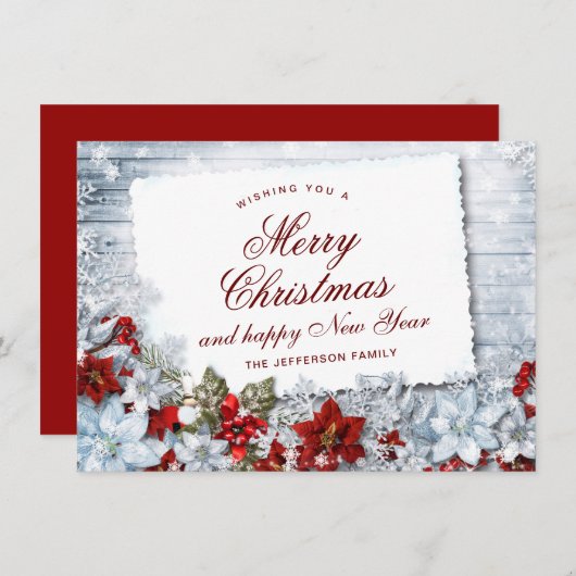 赤ポインセティアホリー素朴クリスマス挨拶 シーズンカード (正面/裏面)