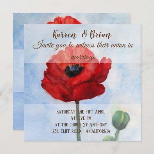 赤ポピーの水彩結婚式招待状 招待状 (正面/裏面)