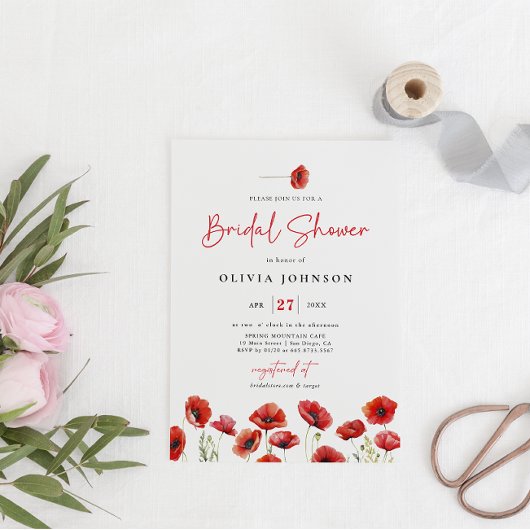 赤ポピーエレガントメドウブライダルシャワー 招待状