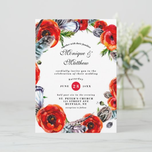 赤ポピーモダンボホフェザー結婚式招待状 招待状 (スタンド正面)