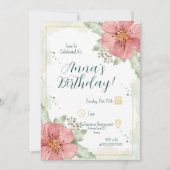 赤ポピー水カラー花模様誕生日 招待状 (正面)