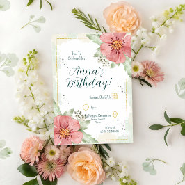 赤ポピー水カラー花模様誕生日 招待状