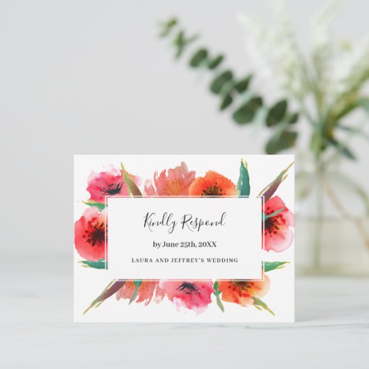 赤ポピー色彩の鮮やかズフローラ結婚式RSVP インビテーションポストカード (スタンド正面)