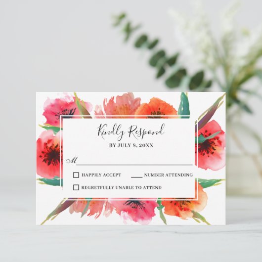 赤ポピー色彩の鮮やかズフローラ結婚式RSVP 出欠カード (スタンド正面)