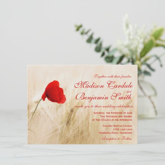 赤ポピー花小麦フィールド結婚式招待状 招待状 (スタンド正面)