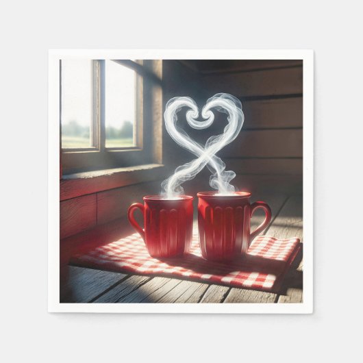 赤マグカップと蒸しハートつながり スタンダードカクテルナプキン (正面)