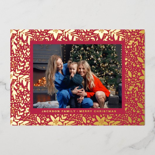 赤マゼンタ金ゴールド植物性クリスマスフレーム写真 箔シーズンカード (正面)