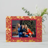 赤マゼンタ金ゴールド植物性クリスマスフレーム写真 箔シーズンカード (立ち正面)