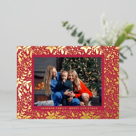 赤マゼンタ金ゴールド植物性クリスマスフレーム写真 箔シーズンカード (立ち正面)