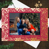 赤マゼンタ金ゴールド植物性クリスマスフレーム写真 箔シーズンカード