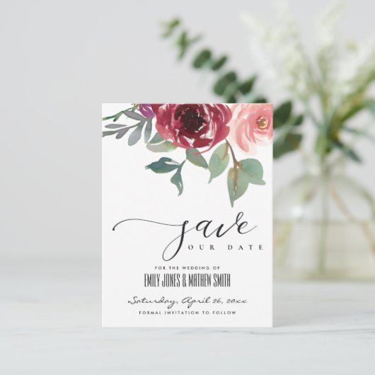 赤マルサラバラ水色フローラ保存日付 案内ポストカード (スタンド正面)