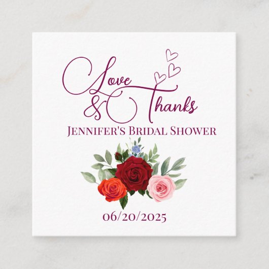 赤ミニマルいバラの愛と感謝していブライダル エンクロージャーカード (正面)