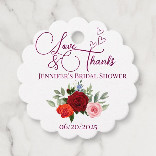 赤ミニマルいバラの愛と感謝していブライダル フェイバータグ (正面)