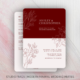 赤ミニマルい葉の輪郭オールインワン結婚 招待状