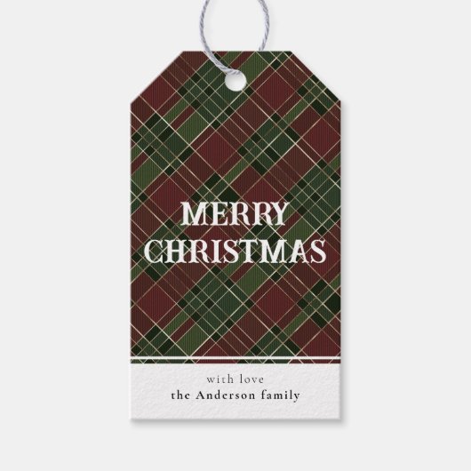 赤ミニマルとシンプル緑の格子模様の陽気なクリスマス ギフトタグ (正面)